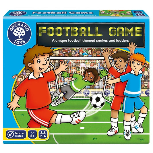 Box for the orchard toys football game, a themed childrens snakes and ladders board game
