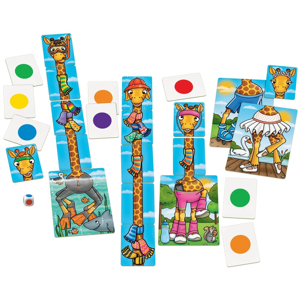 Color matching game with cartoon giraffes and colored circles on a white background