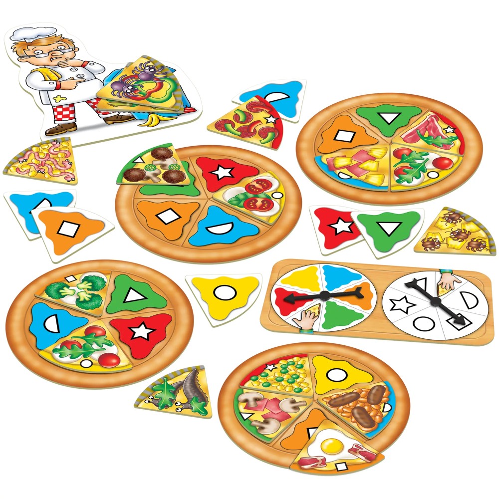Pizza themed game pieces for a colour and shape matching game