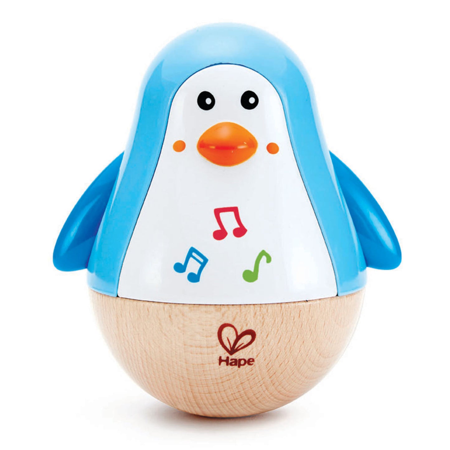 Blue and white Wobbly Musical Penguin form Hape toys on a white background