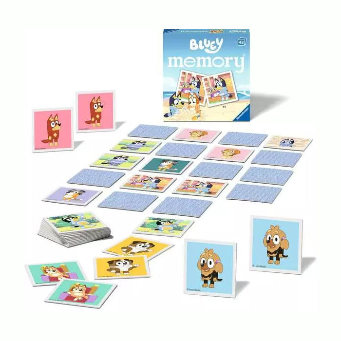 Bluey memory game with cards and packaging on a white background