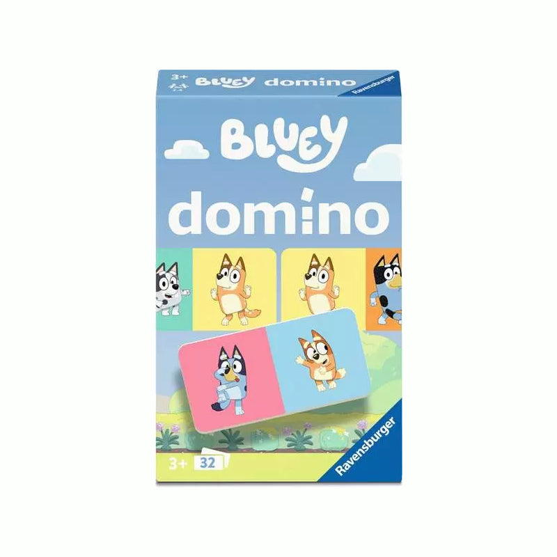 Box for the ravensburger domino games themed on Bluey