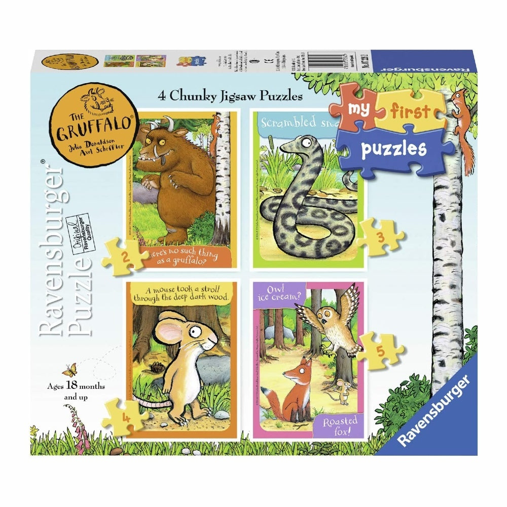 The box for the Ravensburger My First Puzzles themed on The Gruffalo, Showing the four different puzzles with The Gruffalo, Snake, Mouse and Owl and Fox.