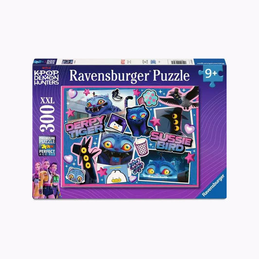 Box for a 300 piece K-Pop Demon Hunters jigsaw puzzle from Ravensburger, featuring Derpy the tiger and Sussie the bird