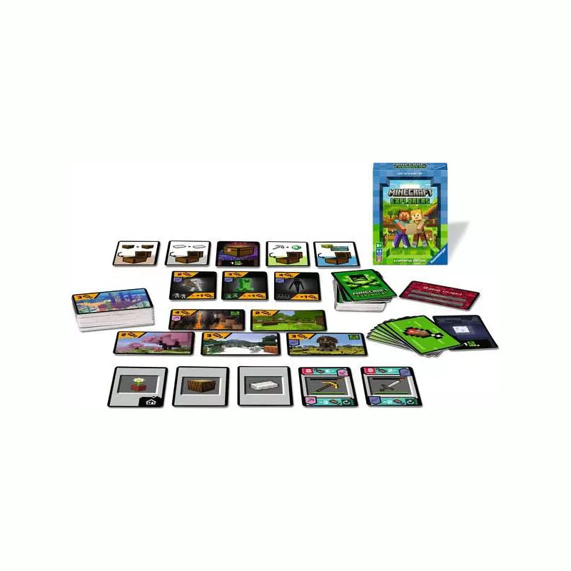 Cards for the Ravensburger Minecraft Explorers card game laid out on  white background