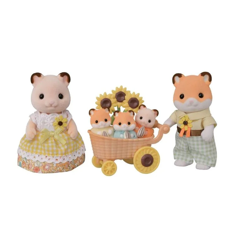 The Sylvanian Families Hamster Family set, with 2 adult and 3 baby sized hamster animal figures standing with a carriage on a white background