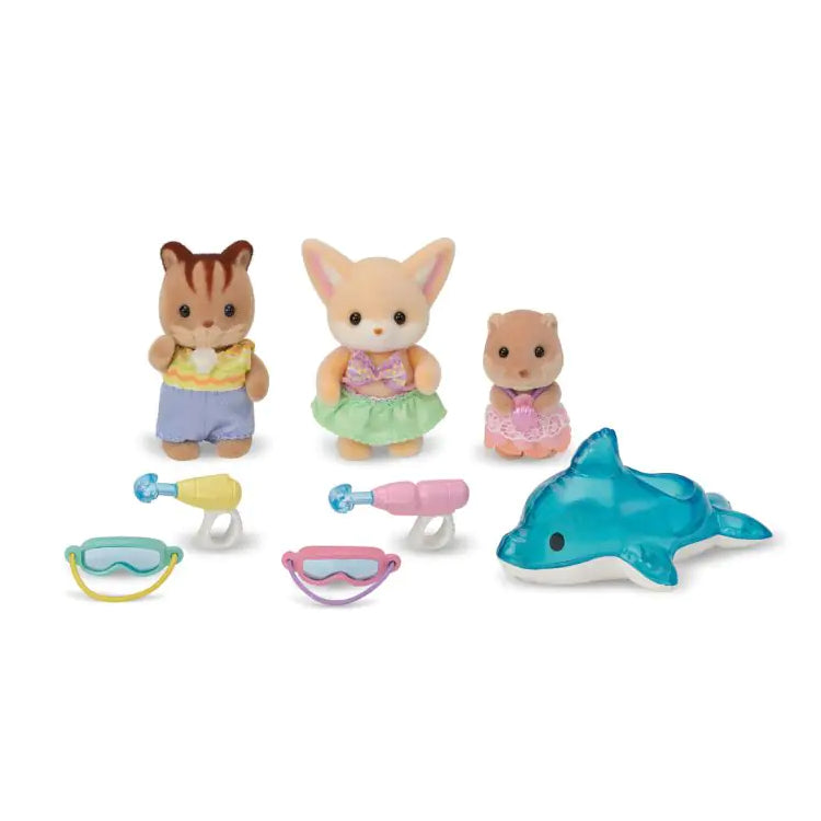 An image of the Sylvanian Families Nursery Friends Pool Fun Trio Set, depicting 3 baby animal figures with water pistols, goggles and an inflatable dolphin, all on a white background