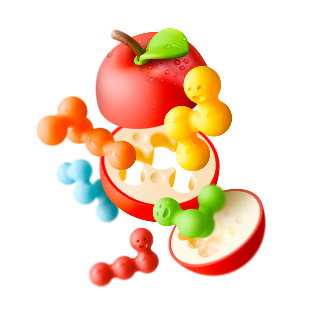The Smart Games Apple Puzzler with the apple slices spread apart with the worm pieces