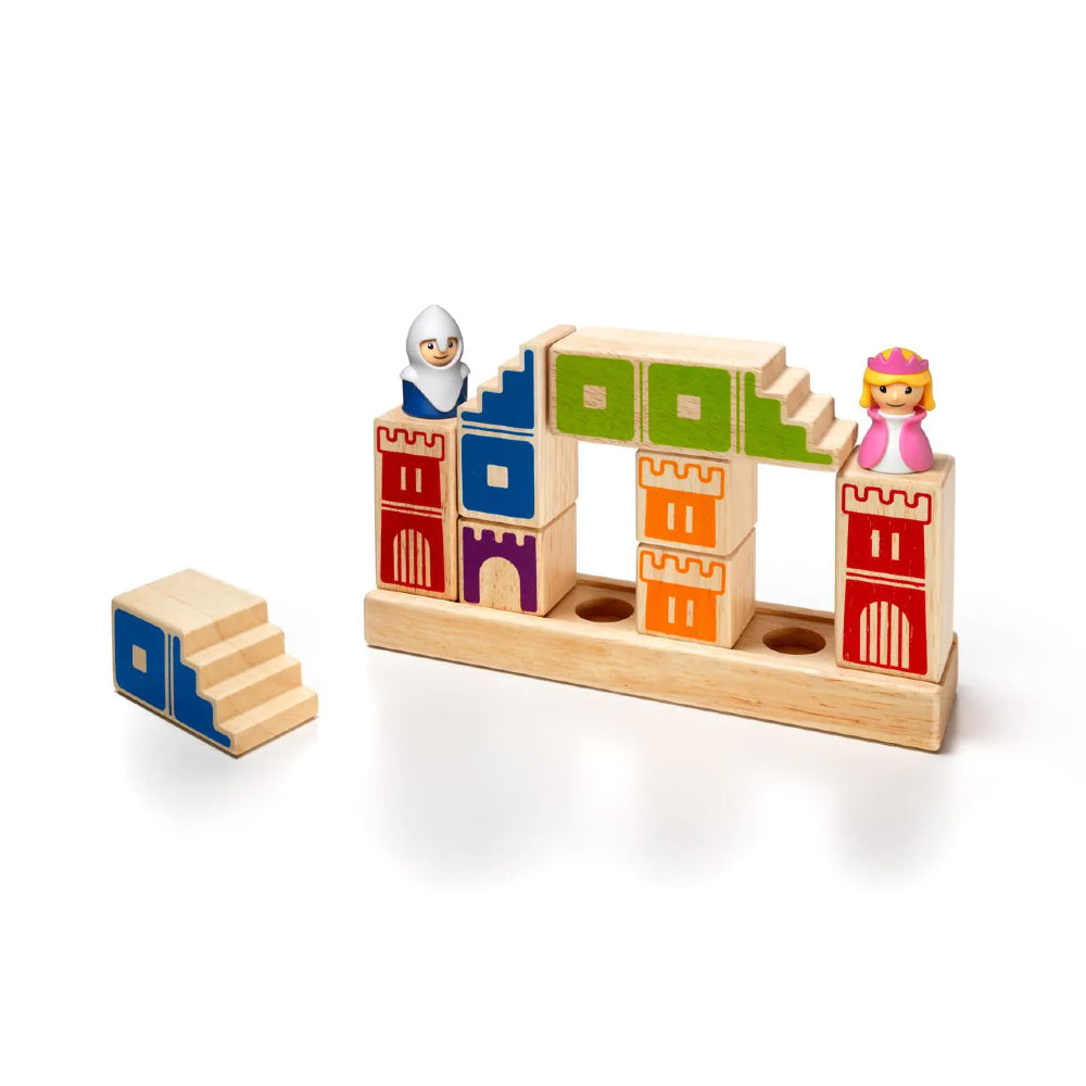 Camelot Jr from Smart Games. Wooden castle made up of colourful wooden blocks and two figurines on a white background.