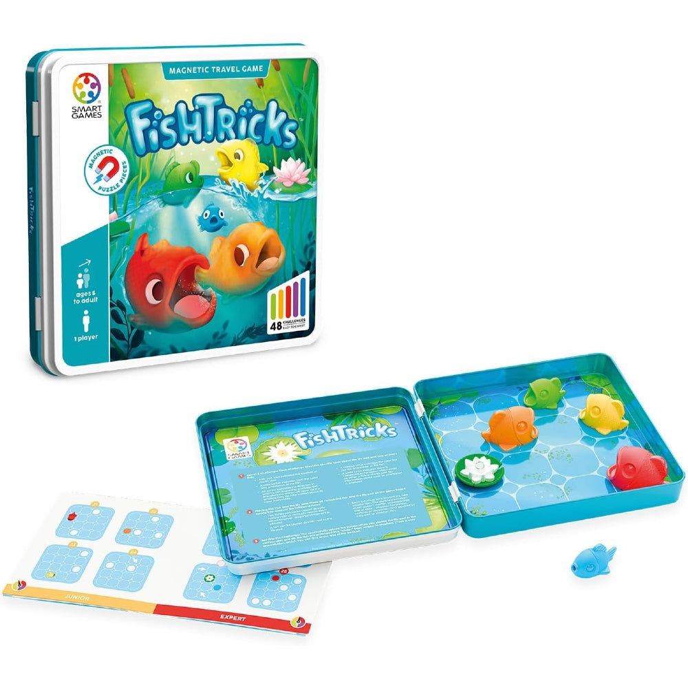 FishTricks magnetic travel game set shown with its illustrated metal tin box, open game tray, instruction sheet, and small fish pieces on a white background.