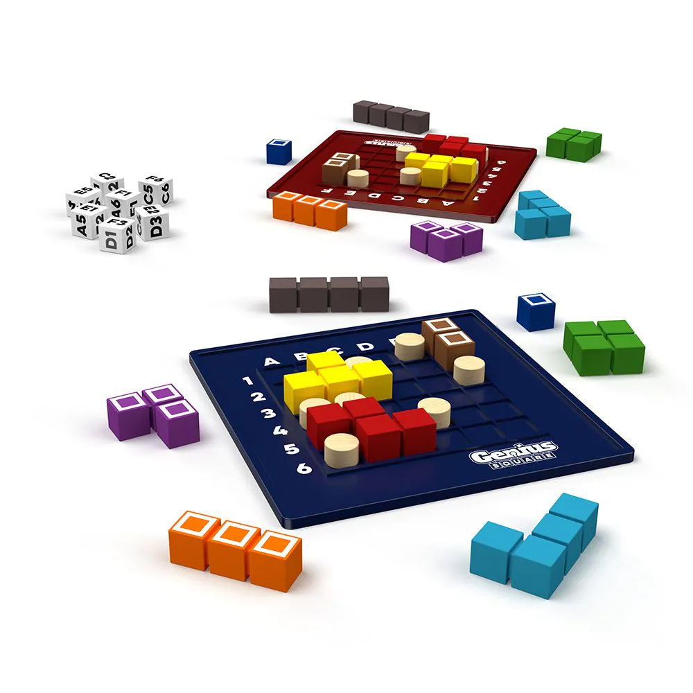 The playing pieces for Smart Games Genius Square game. 2 square game boards with colourful shaped pieces, blocker pegs and seven numbered dice on a white background