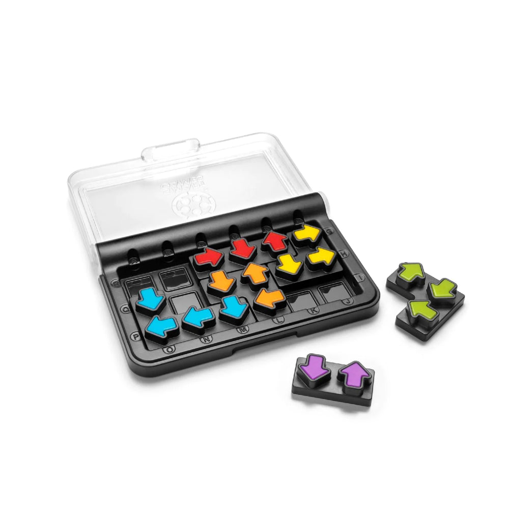 The IQ Arrows puzzle game form Smart Games. A black plastic game board with a clear plastic storage lid, containing colourful arrow-shaped pieces in red, yellow, orange, blue, green, and purple. Two additional pieces are placed outside the tray on a clean white background.
