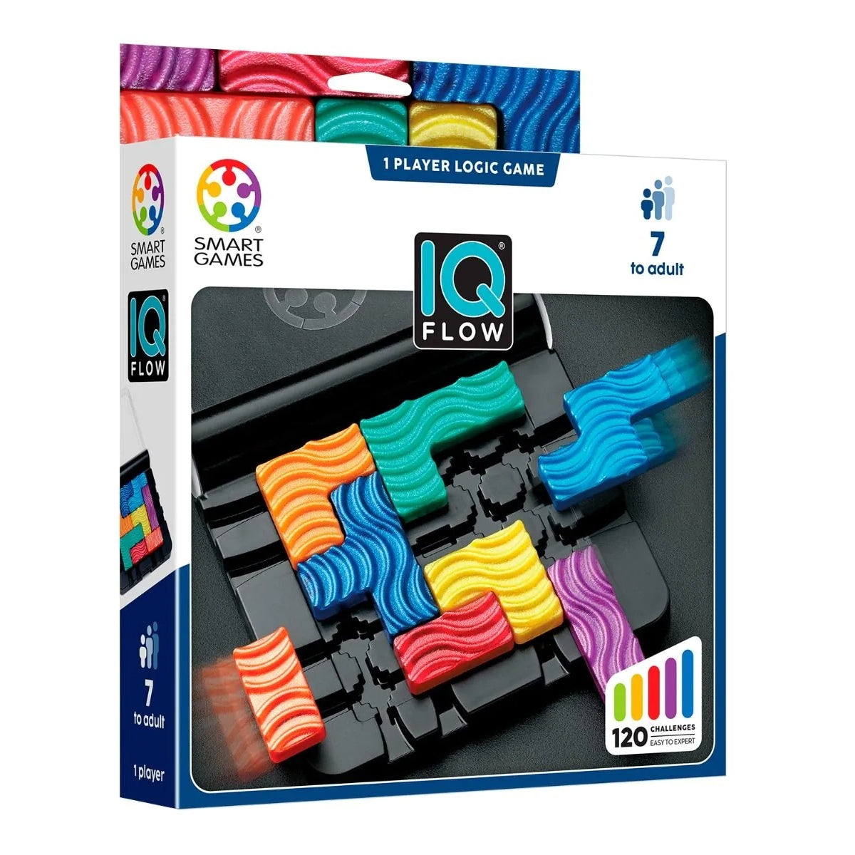 The box for the Smart Games IQ Flow logic game, with an image of the game board with colourful shaped sliding pieces