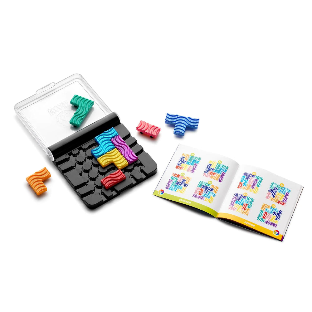 Colourful shaped pieces with a game board and a book of challenge level patterns on a white background