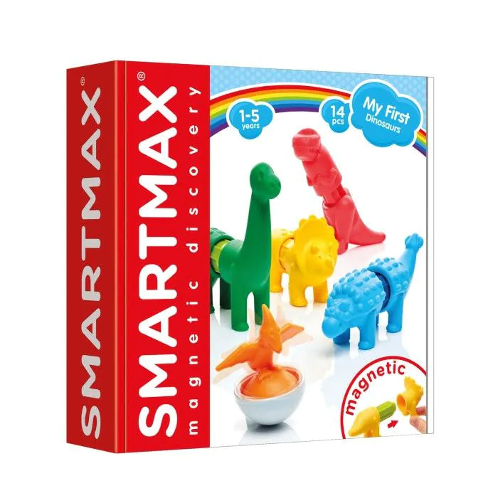 The red and white box for the SmartMax My First Dinosaurs magnetic discovery set, with images of colourful plastic dinosaurs on the front