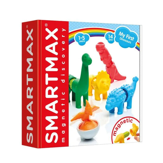 The red and white box for the SmartMax My First Dinosaurs magnetic discovery set, with images of colourful plastic dinosaurs on the front