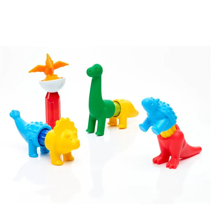 4 colourful plastic magnetic dinosaurs that have had their bodies swapped around on a white background