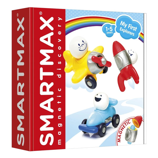 The red and white box for the SmartMax My First Explorers magnetic discovery set, with an image of a plane, rocket and race car on the front