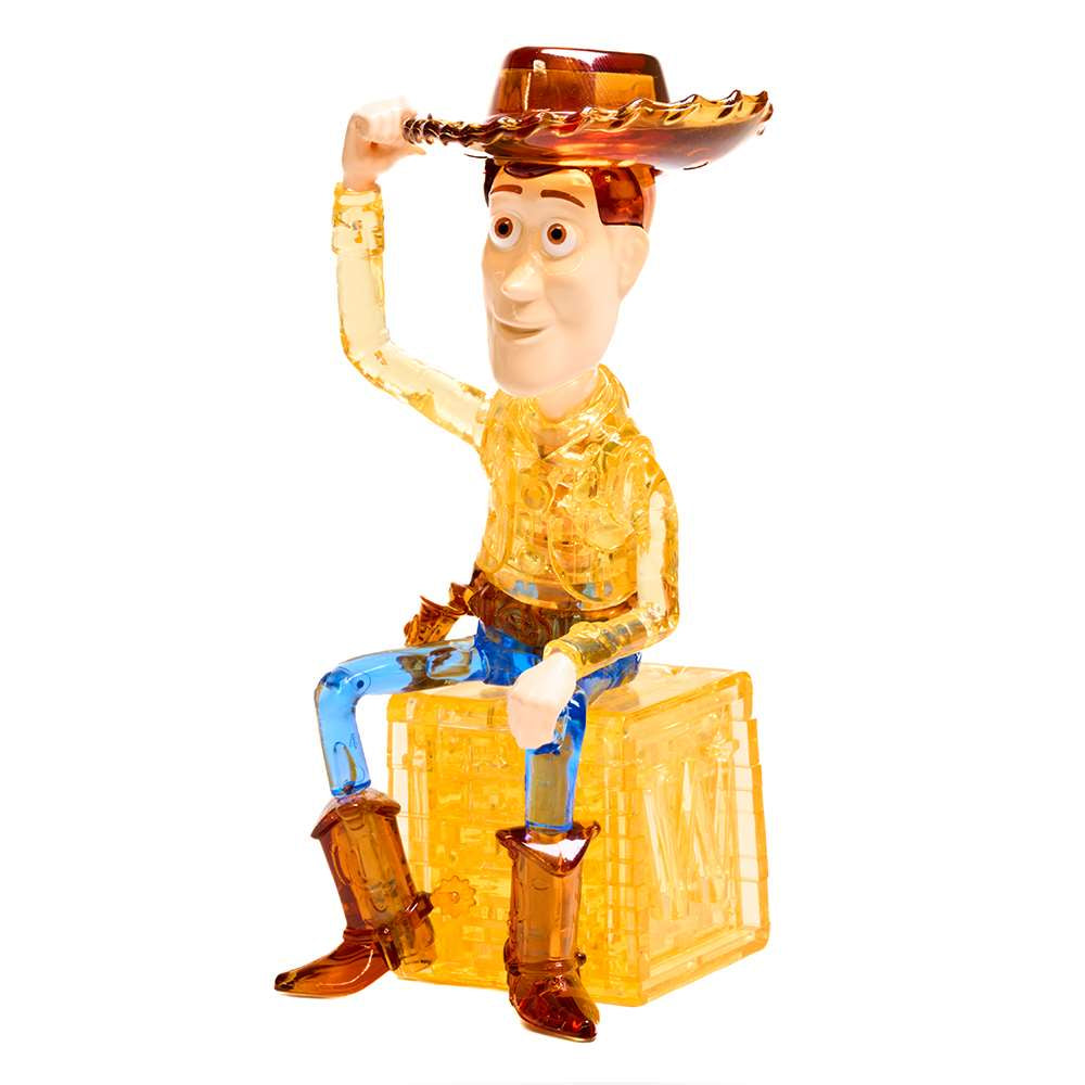 Transparent collectable 3D puzzle Woody figurine with coloured accents on a white background