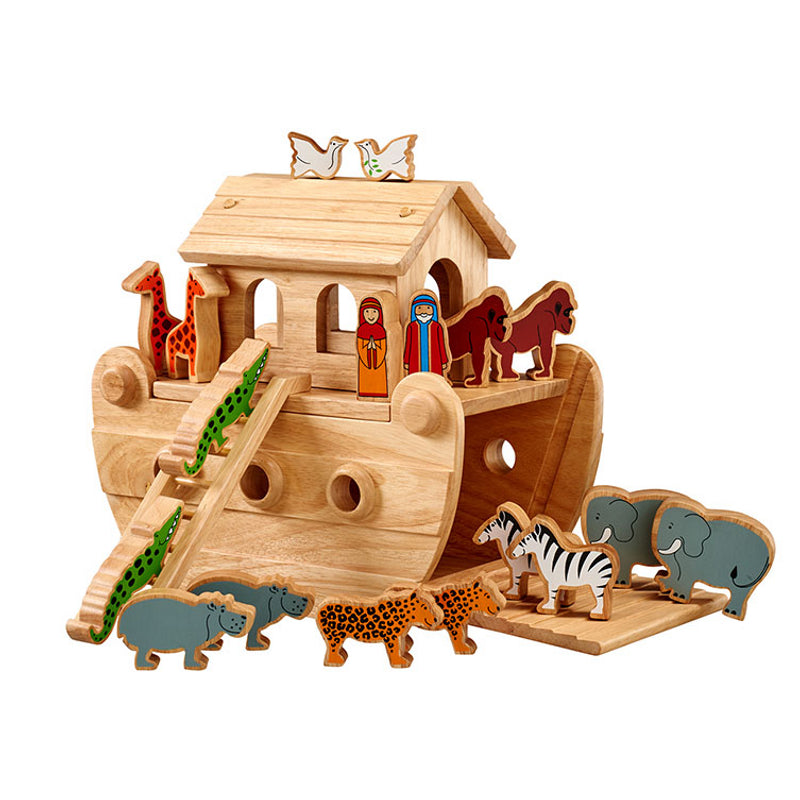 A chunky wooden Noah's Ark from Lanka Kade, with lots of colourful wooden animal figures